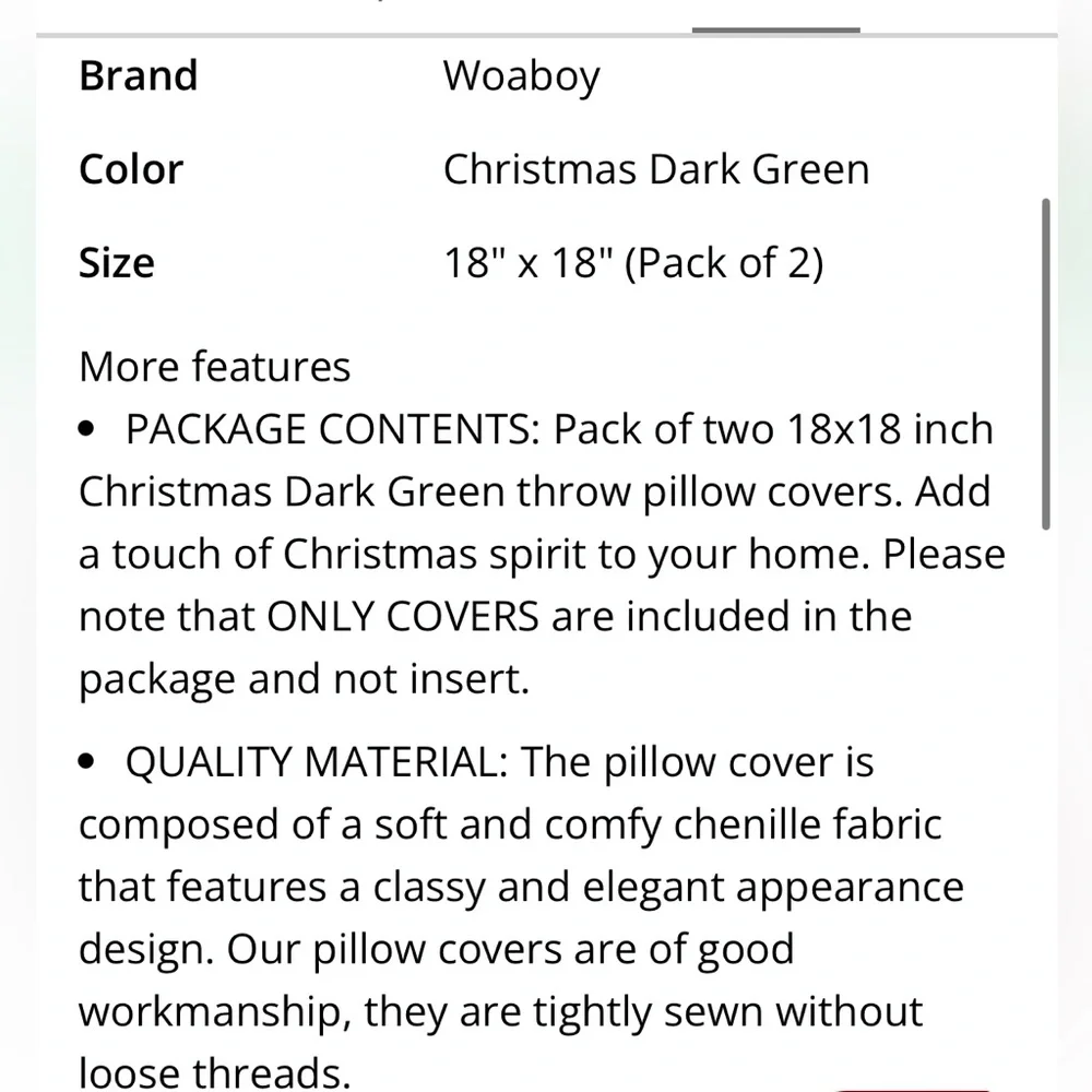 Dark Green CHENILLE HOLIDAY Throw Pillow Covers SQUARE 18x18” (2-pack)